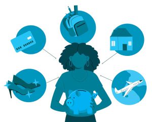 Girl holding piggy bank and thinking of different purchases