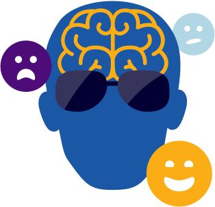 Image of person with sunglasses and several different emotion emojis