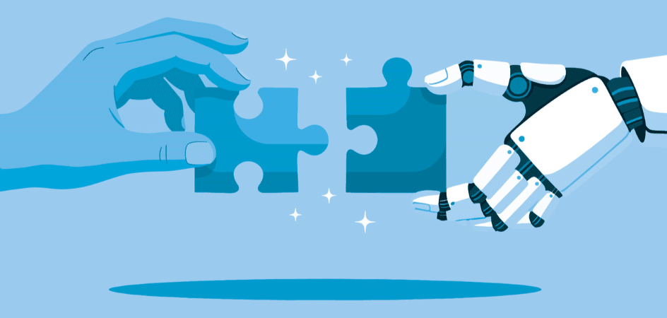 Human and robot hands putting two puzzle pieces together