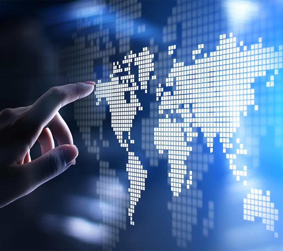 World wide map hologram on virtual screen. Global business and telecommunication technology concept.