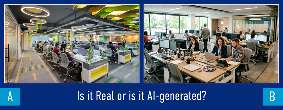Two different pictures of office space with a question: Is it Real or is it AI-generated?