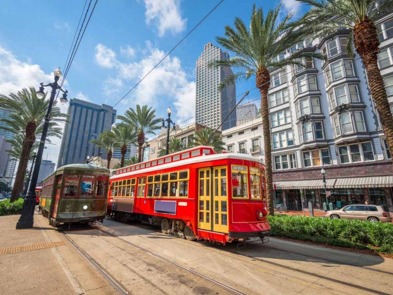 A bright red trolley in New Orleans
