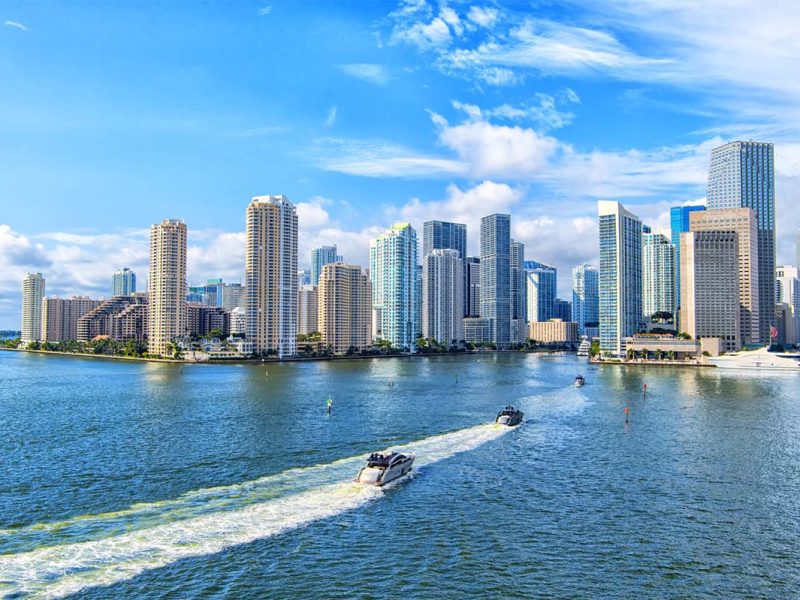 Boats traveling towards downtown Miami