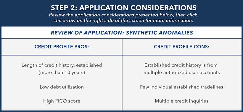 Example of application considerations for synthetic identity detection