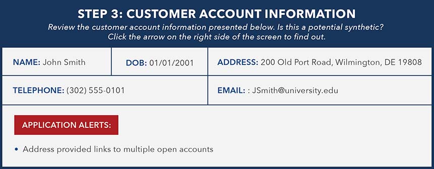 Example of customer account information for synthetic identity detection