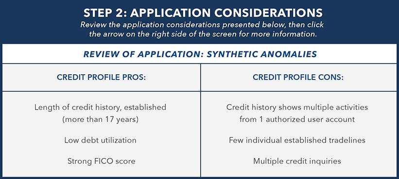 Example of application considerations for synthetic identity detection