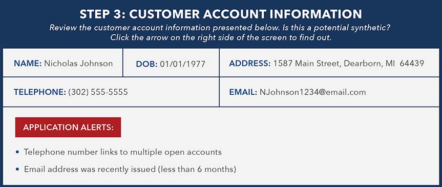 Example of customer account information for synthetic identity detection