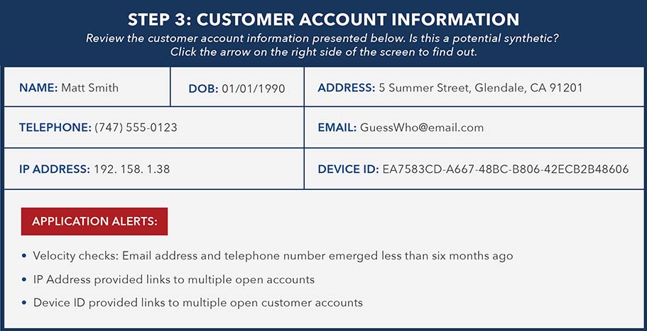 Example of customer account information for synthetic identity detection