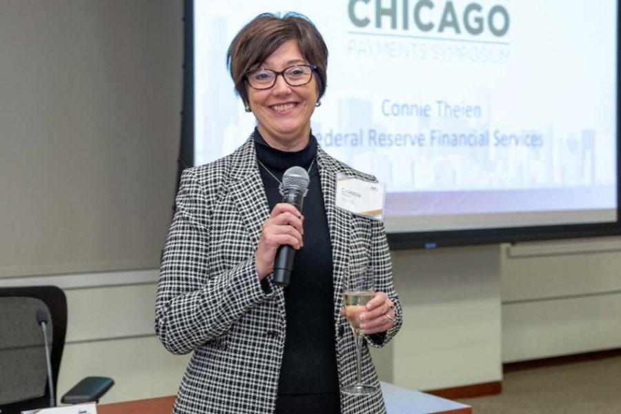 A tribute to Connie Theien, payments industry relations senior vice president, who will retire on December 15 after more than two decades of service and contributions to the Federal Reserve System.